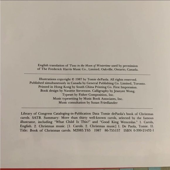 Vintage Tomie DePaola's Book of Christmas Carols Hardback Music Book 1987 - Picture 3 of 8